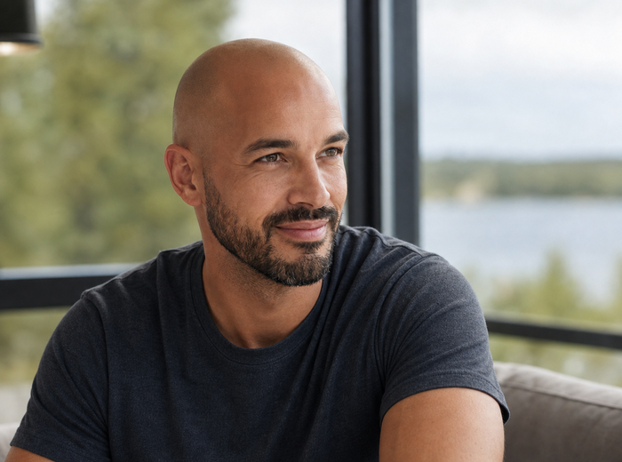 Confident bald man with a clean comfortable scalp finish