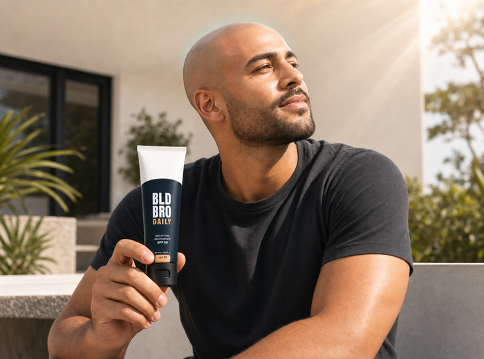 Bald man outside holding BLD Bro Daily SPF