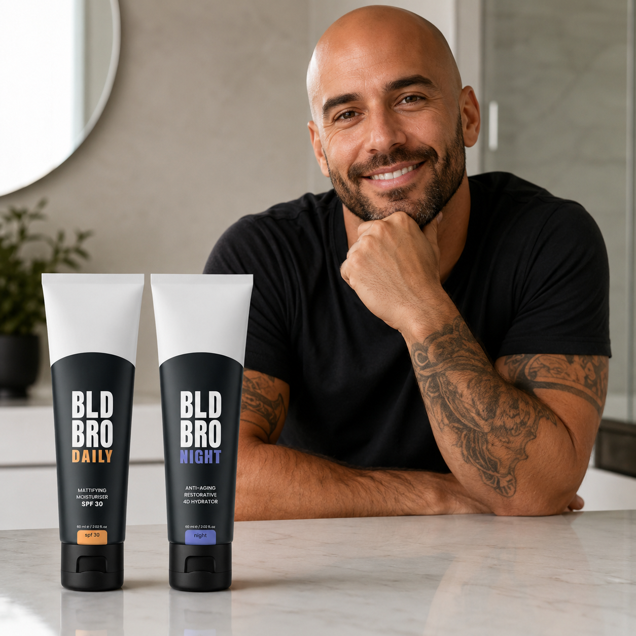 BLD Bro Daily and Night Duo with a confident bald customer