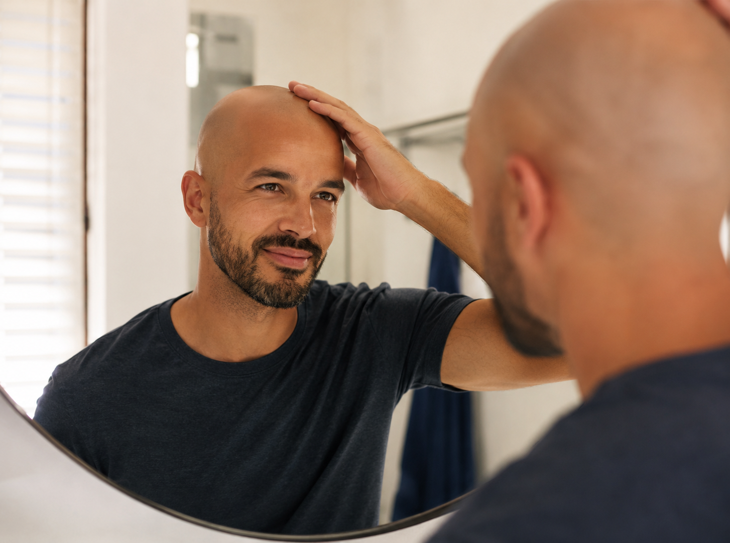Newly bald man checking his scalp in a bathroom mirror