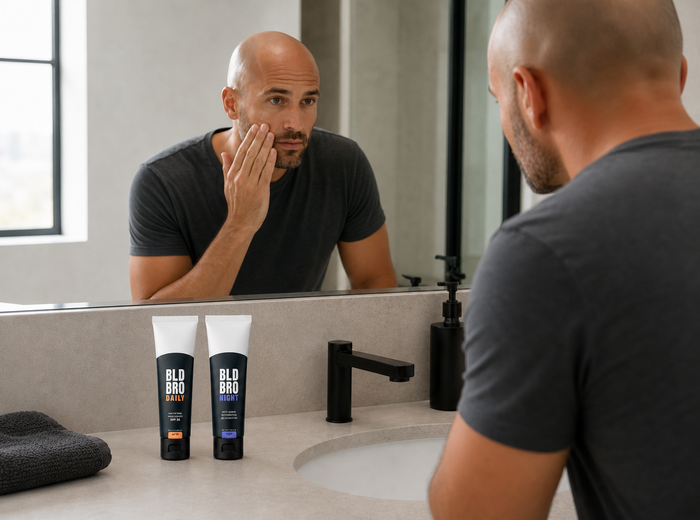 Bald man applying BLD Bro skincare to his cheek with Daily and Night products on the counter