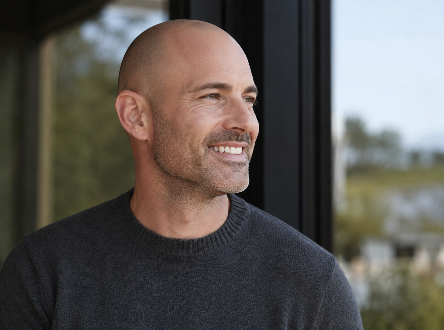Confident bald man with a clean matte scalp by a window